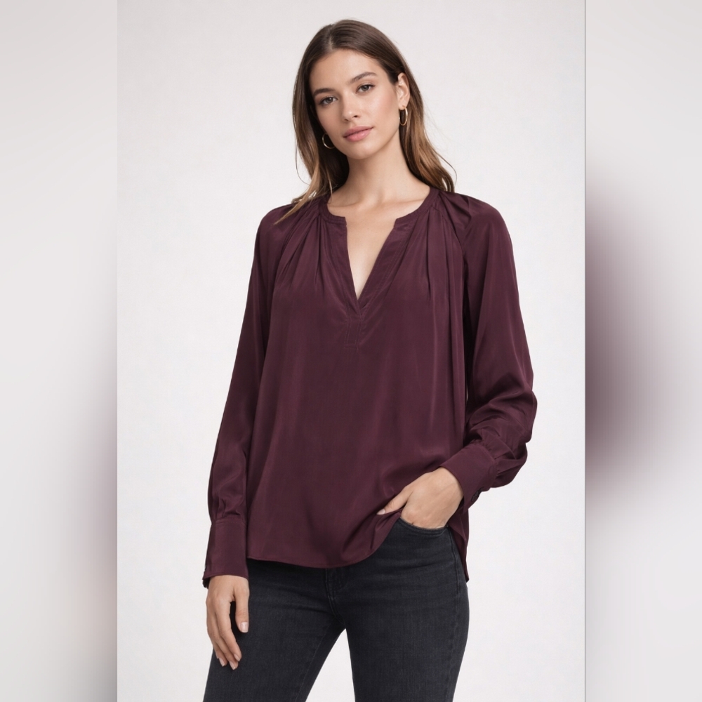 A.L.C. Burgundy Silk Pleated V-Neck Blouse Size 6